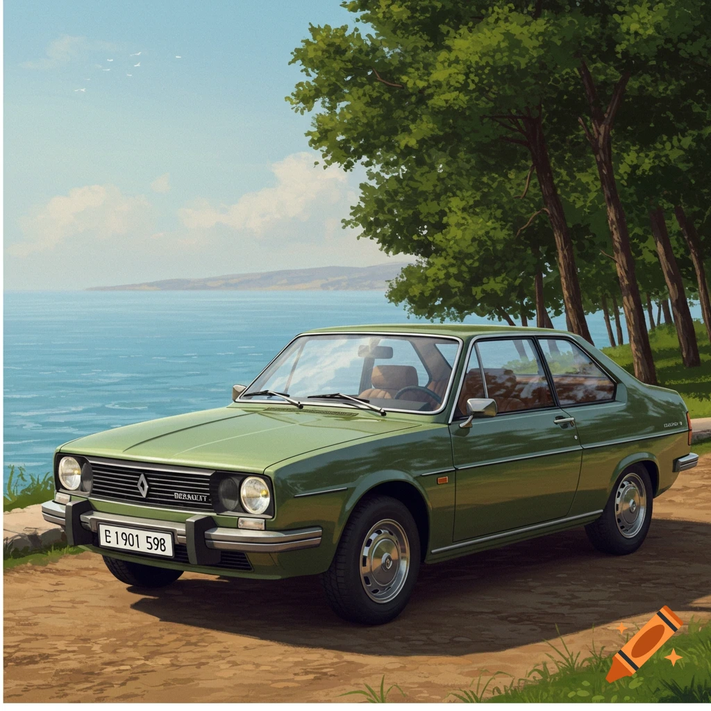 A green Renault car is parked on a coastal road, overlooking the sea. Lush trees line the road.