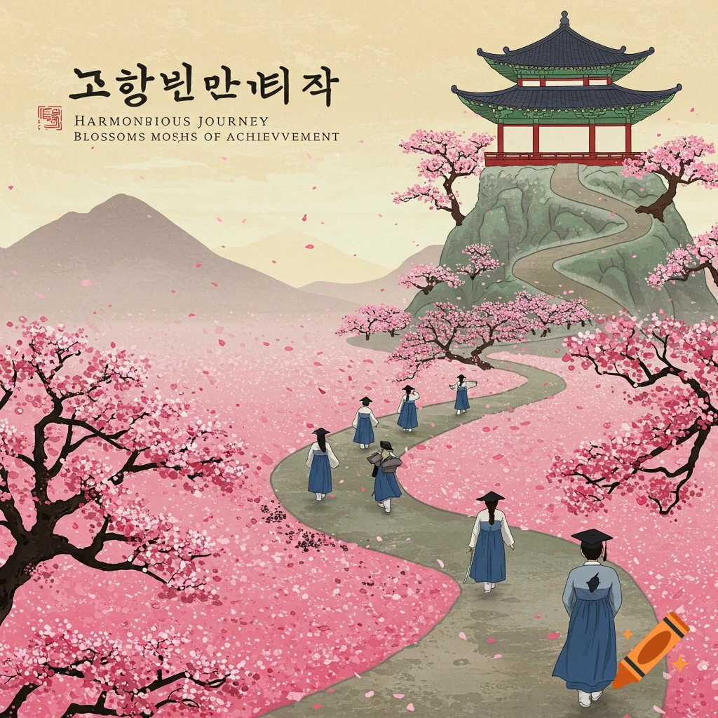 Illustration of people walking up a path through cherry blossoms towards a traditional Korean building on a hill.