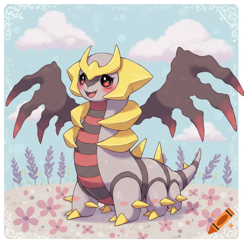 Cute cartoon Giratina sitting in a field of flowers under a cloudy sky, in a stylized illustration.