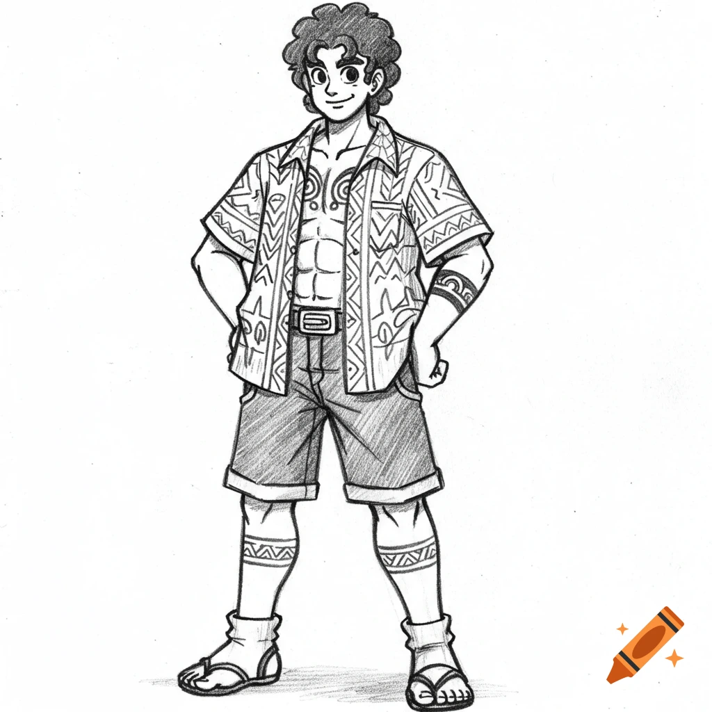 Black and white pencil sketch of a young man in a patterned shirt and shorts with tribal tattoos.