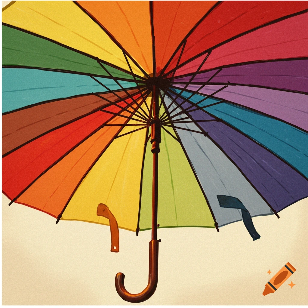 A colorful rainbow umbrella viewed from below