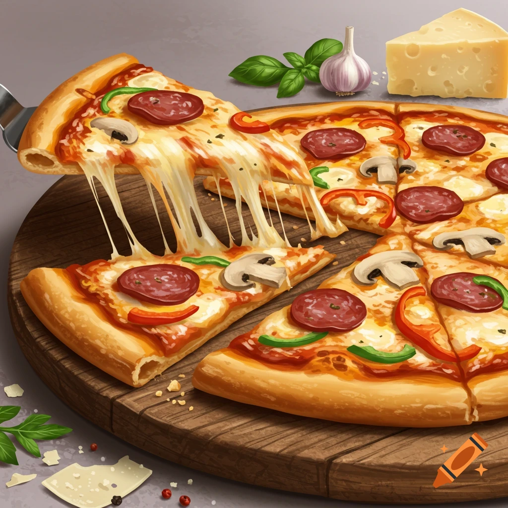 A slice pulled from a pepperoni, mushroom, and pepper pizza with cheese pull on a wooden board.