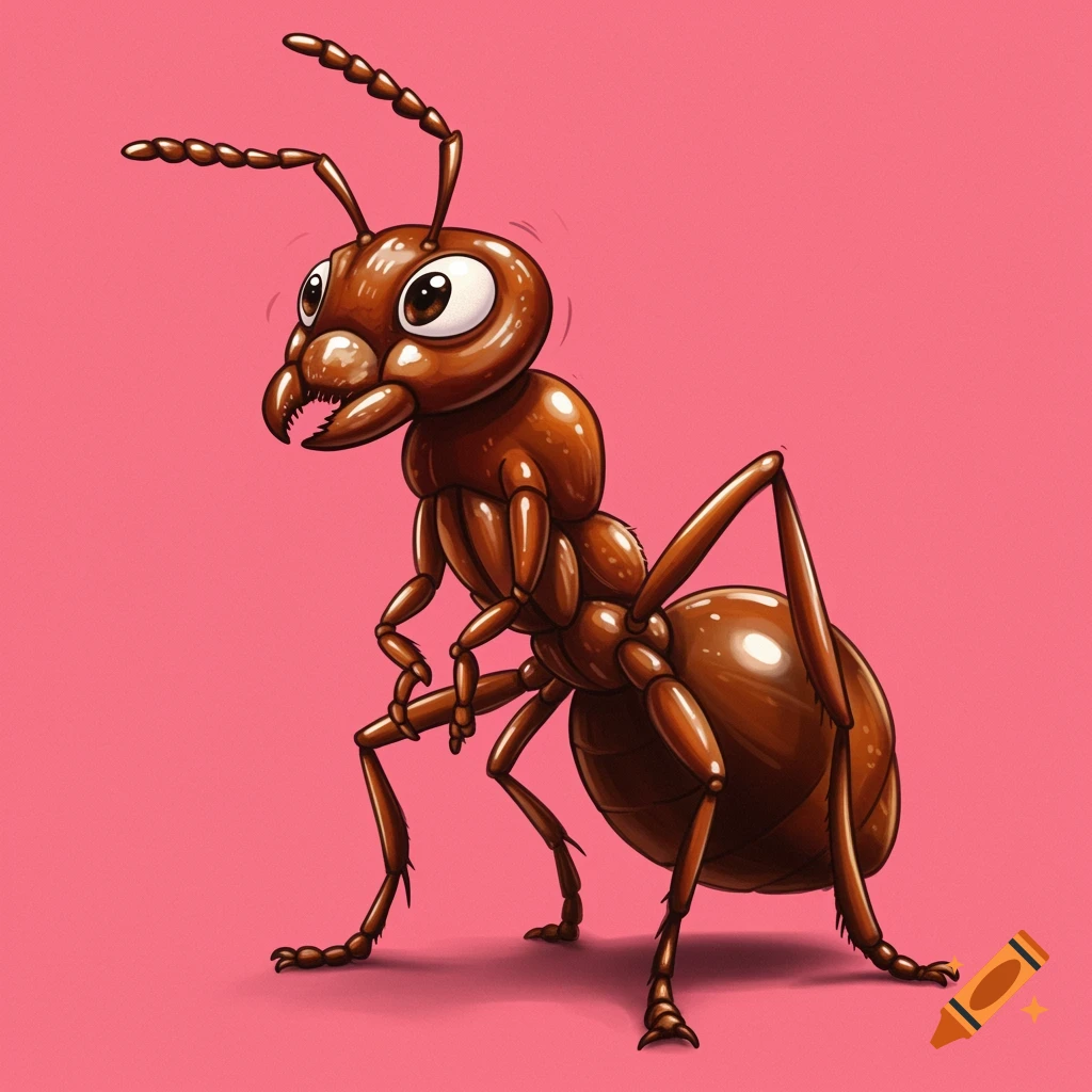 A cartoon of a brown ant on a pink background.