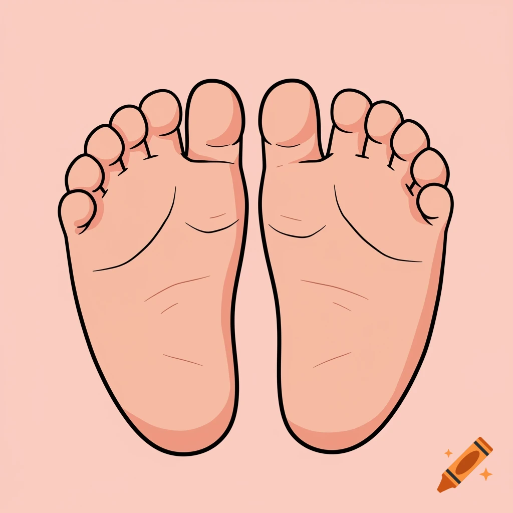 A whimsical cartoon illustration of two baby feet against a pink background.