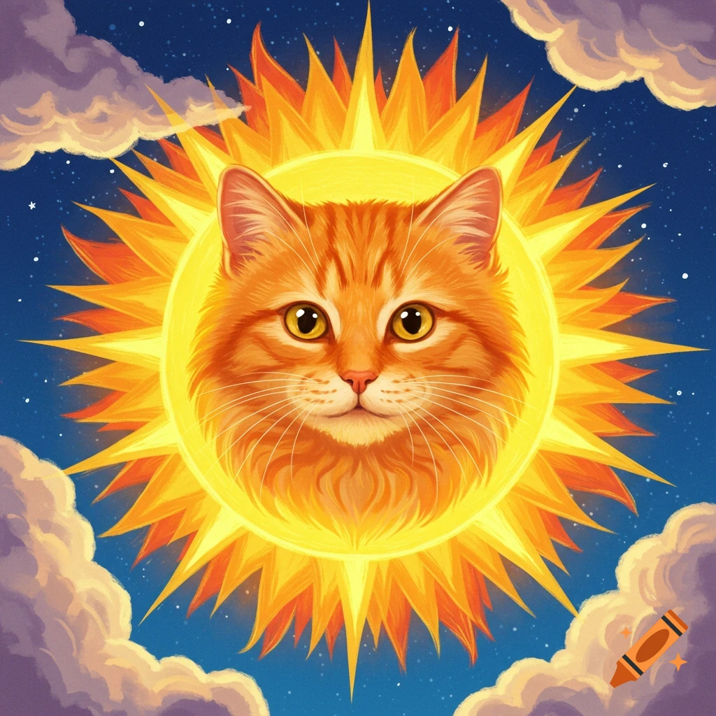 An orange cat's head inside a bright sun, against a starry sky with clouds.