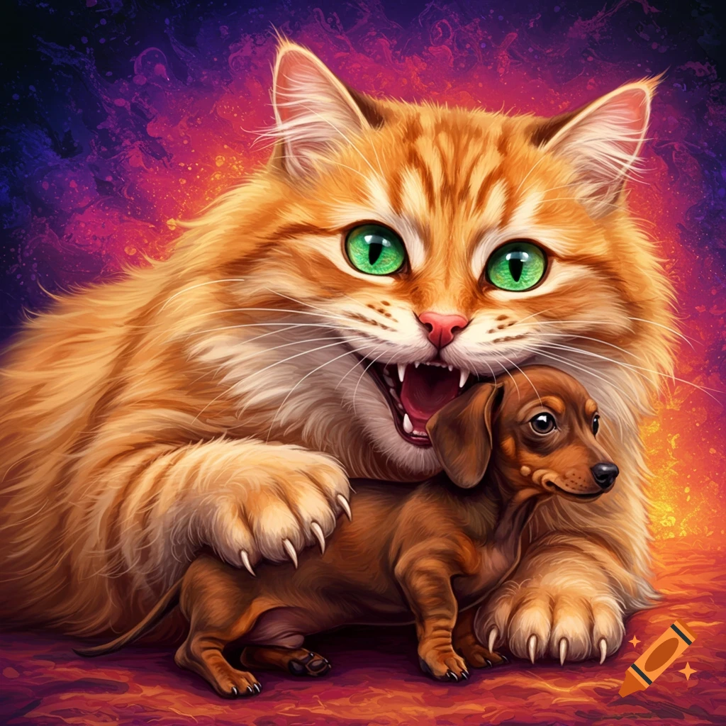 A large orange cat holding a small brown dog in its mouth against a vibrant background.