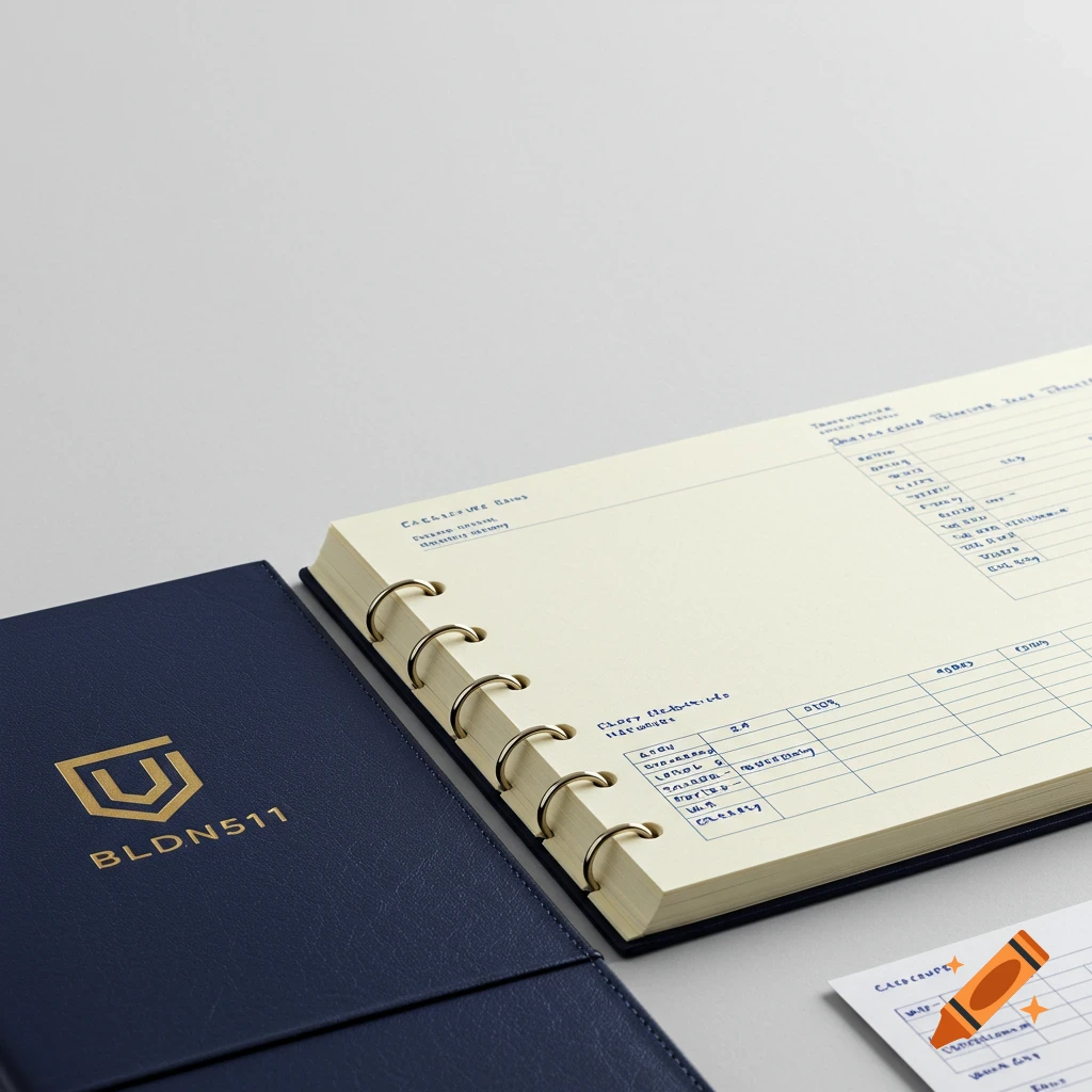 A blue binder with a gold logo and the text BLDN511 next to an open logbook with handwritten notes.