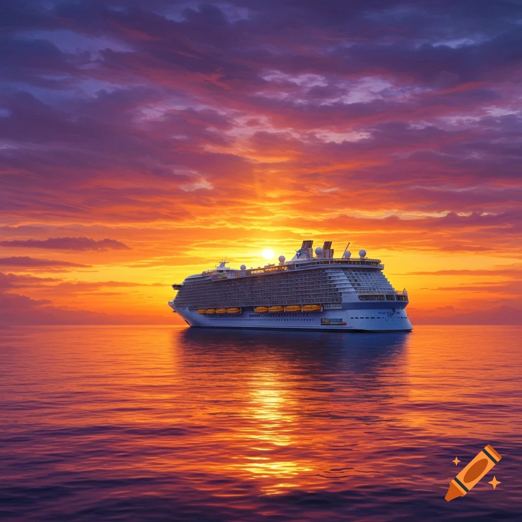 A large cruise ship sails on the ocean at sunset with vibrant orange and purple clouds.