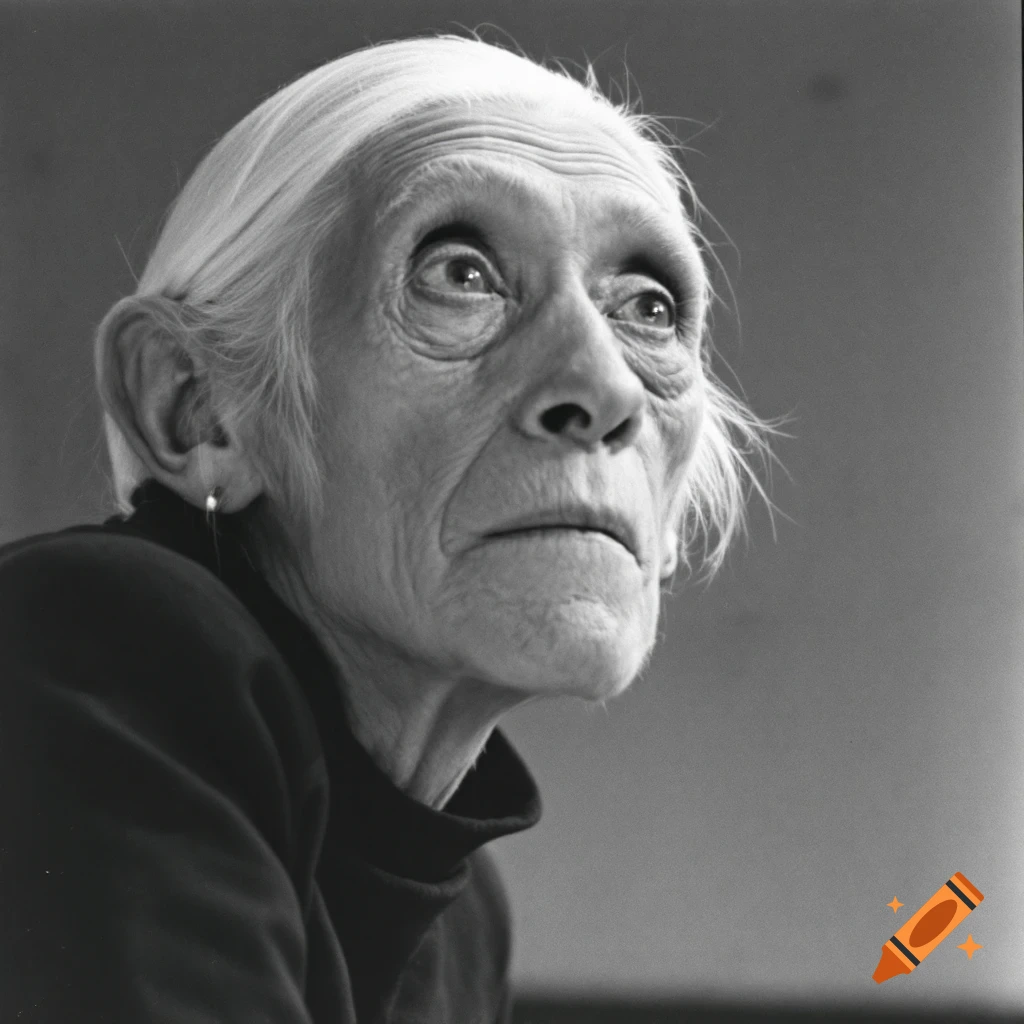 Close-up black and white portrait of an older woman with white hair looking up.