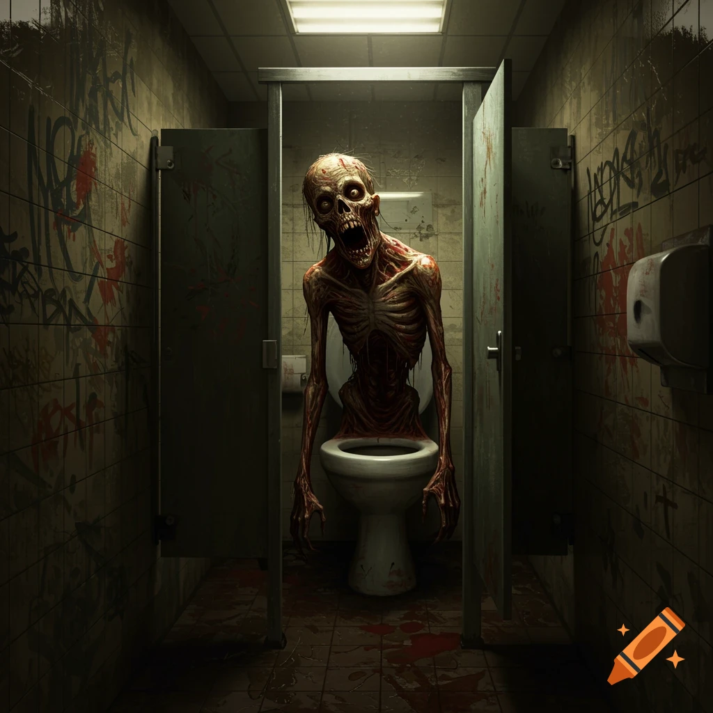 A decaying zombie emerging from a toilet in a grimy bathroom stall with graffiti.