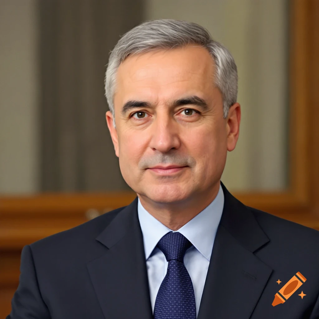 Photorealistic portrait of a man in a dark suit and blue tie looking forward.