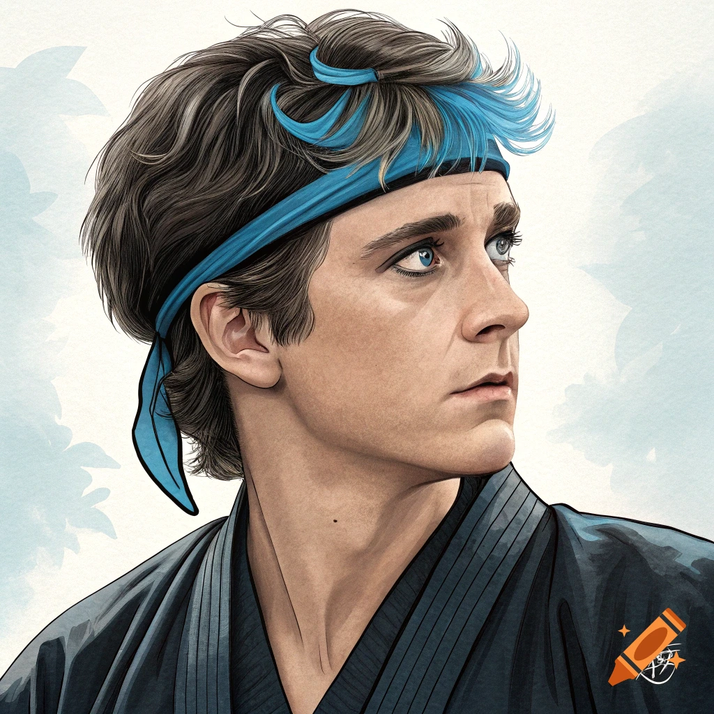 Illustration of a young man wearing a blue headband and martial arts gi, with a blue streak in his hair.