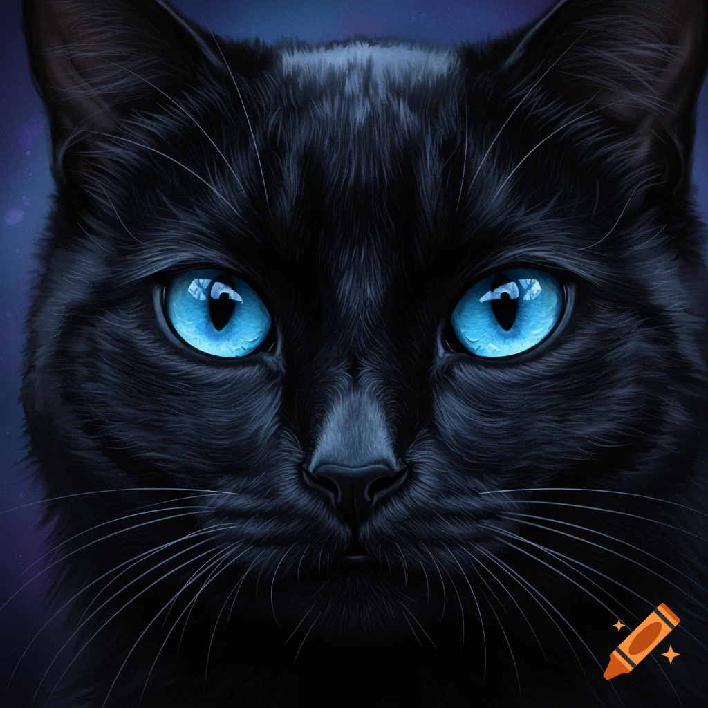 Close-up of a black cat's face with bright blue eyes.