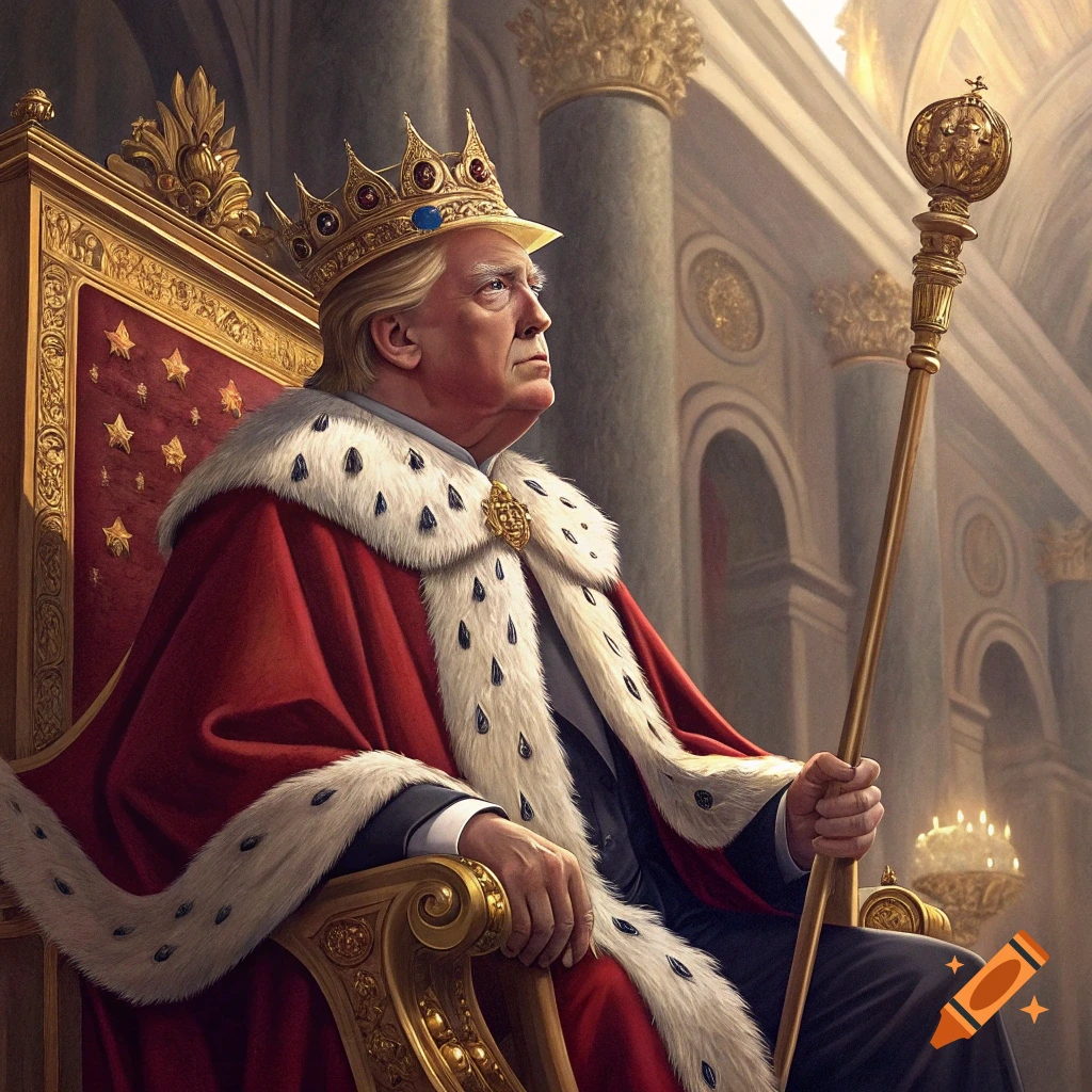 Portrait of a man resembling Donald Trump sitting on a throne, wearing a crown and royal robe, holding a scepter.