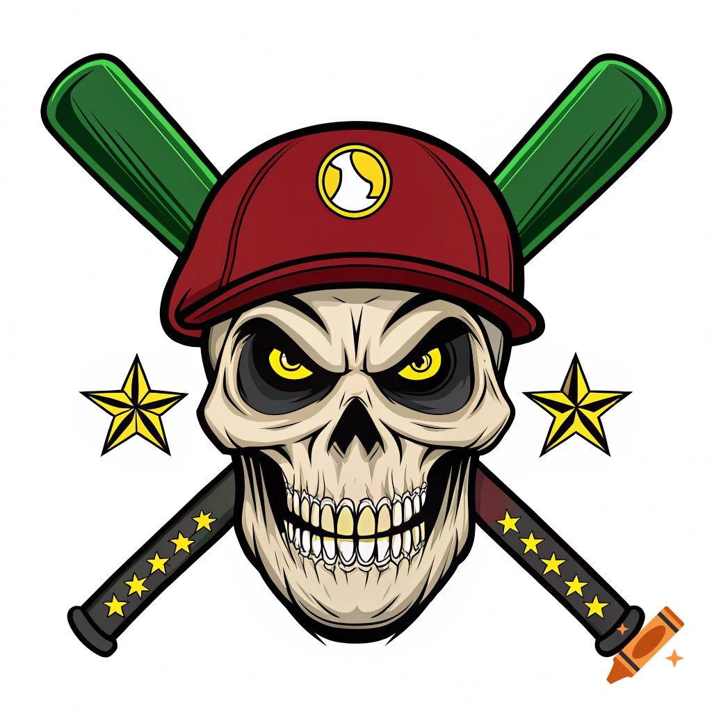 Illustrated logo of a grinning skull in a baseball cap with crossed bats and stars.