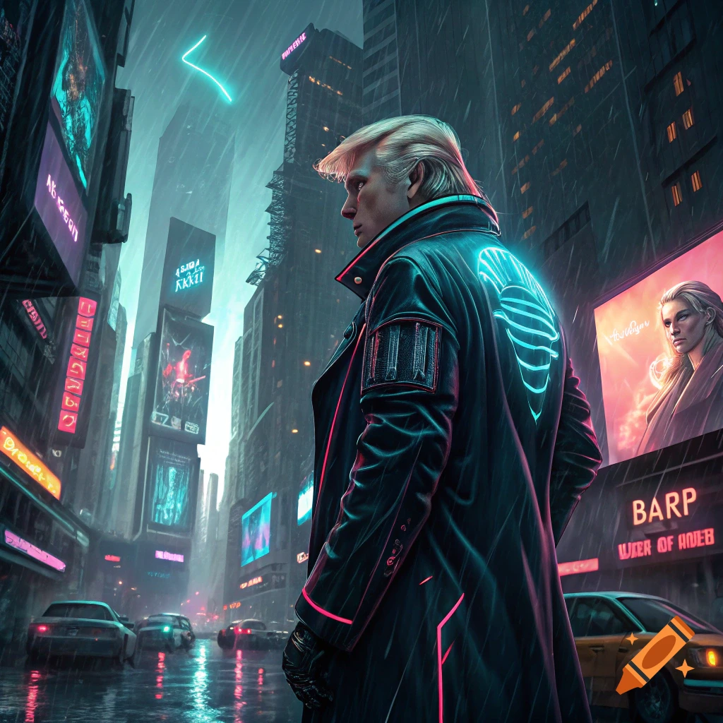 Donald Trump in a futuristic coat stands in a rainy cyberpunk city street with neon signs