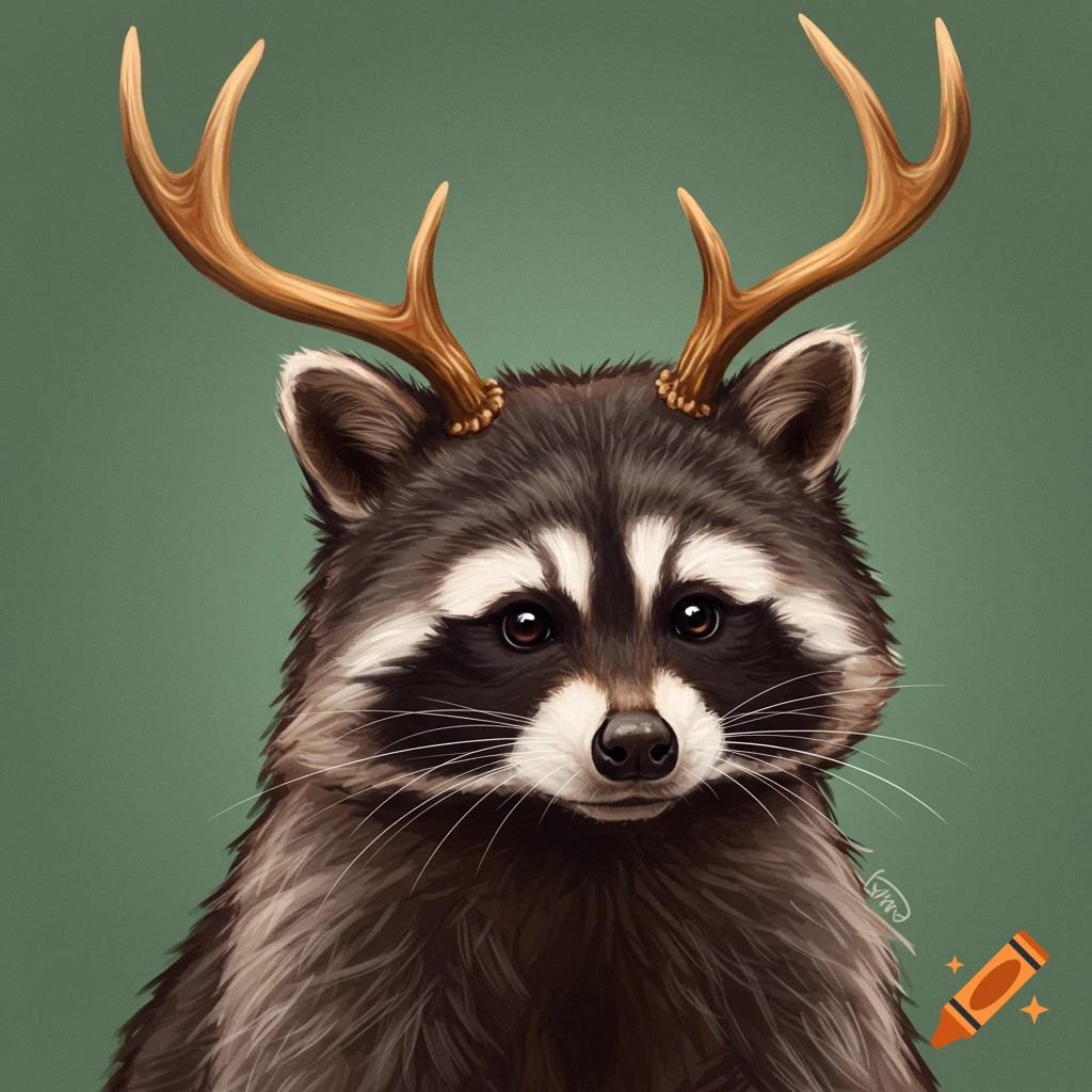 A raccoon wearing antlers on a green background.