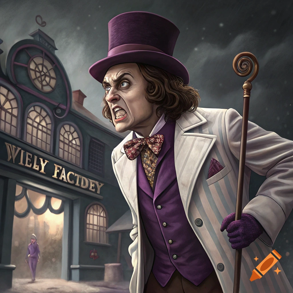 Stylized illustration of an angry man resembling Willy Wonka in front of a factory.