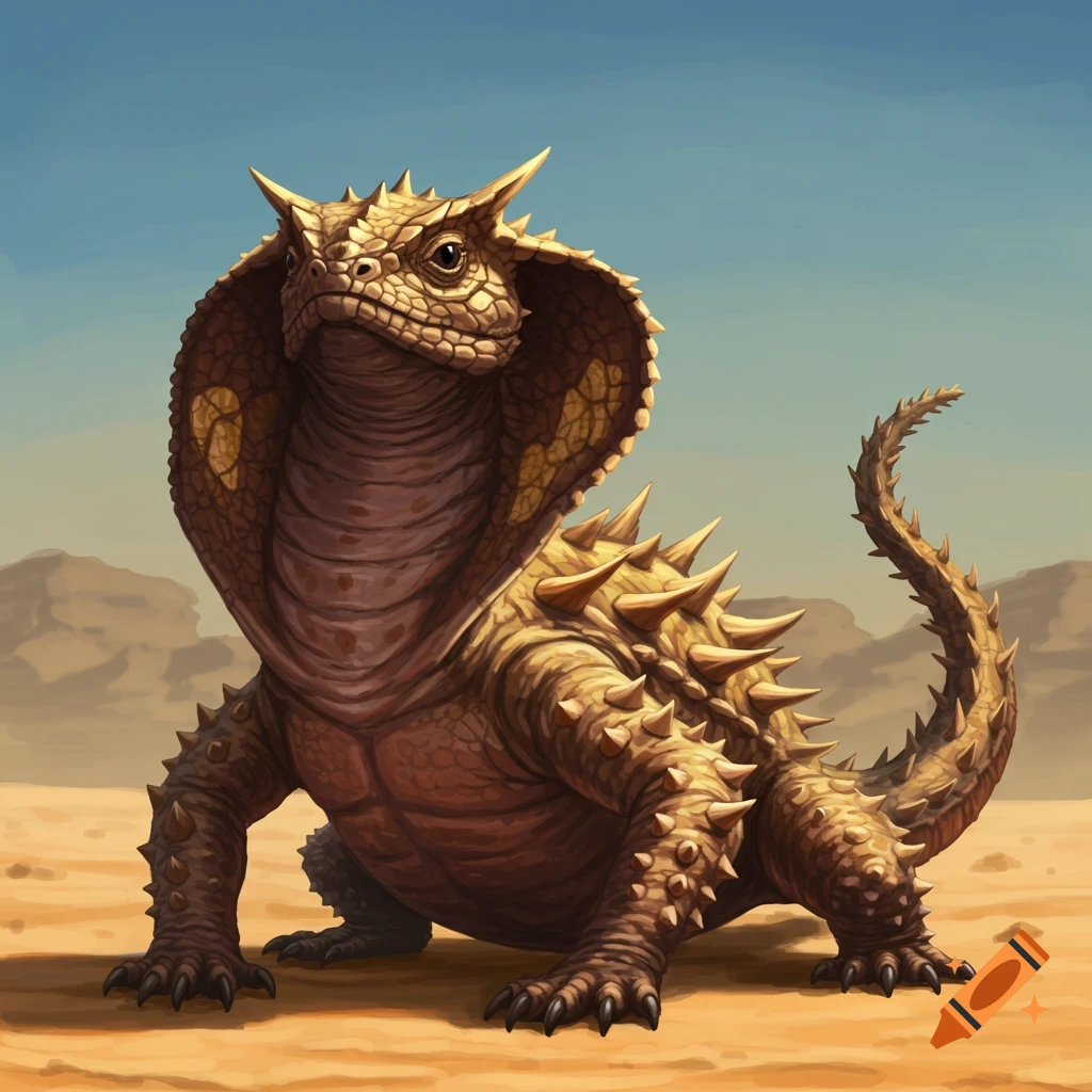 A thorny, cobra-hooded creature in a desert landscape.