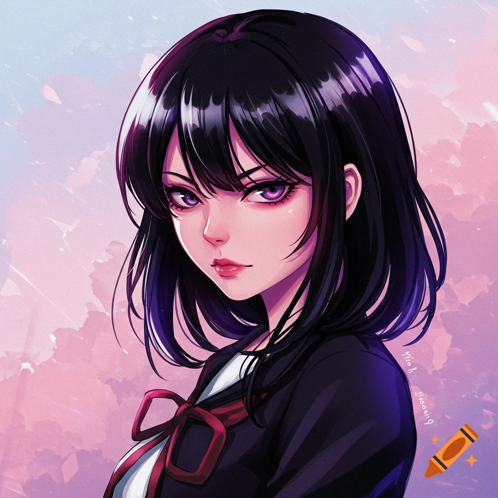 Anime portrait of a girl with black hair and purple eyes.