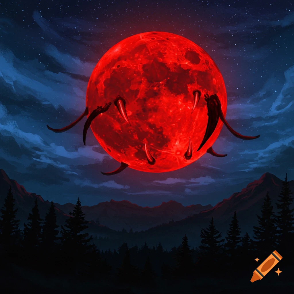 A red blood moon with fangs looming over a dark mountain landscape.