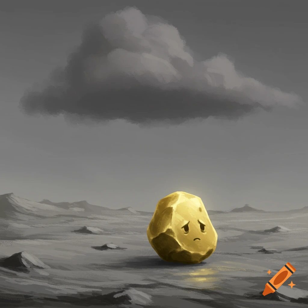A sad golden rock rests in a barren landscape under a dark cloud.