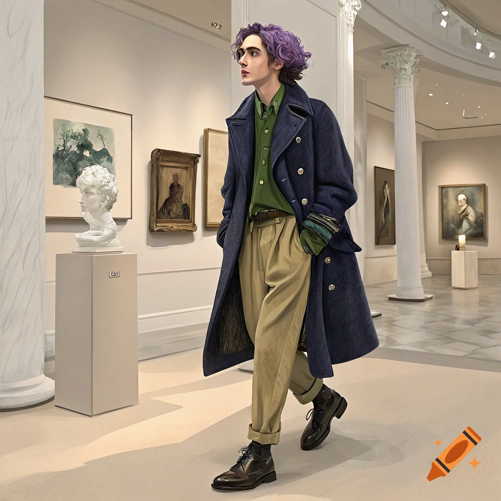 A person with lavender hair in a navy coat, green shirt, and khaki pants walks through an art gallery.