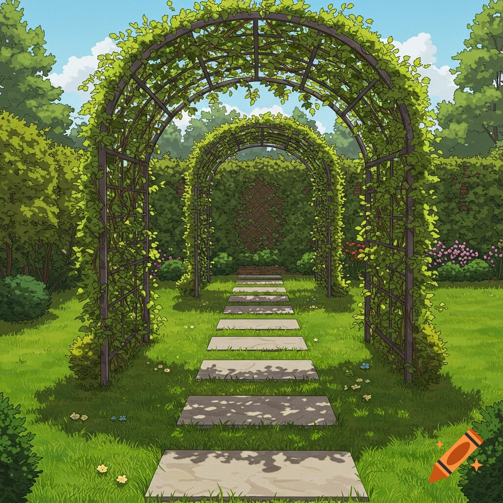 A garden path with stone pavers leading through vine-covered arches.