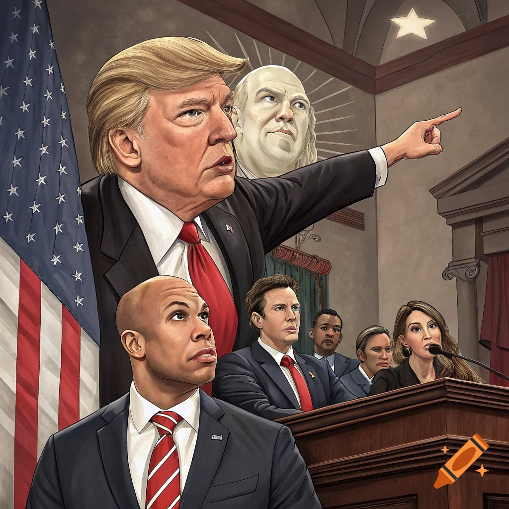 Illustrative caricature of Donald Trump pointing in a hearing room with Cory Booker, other politicians, and a bust of Ben Franklin.