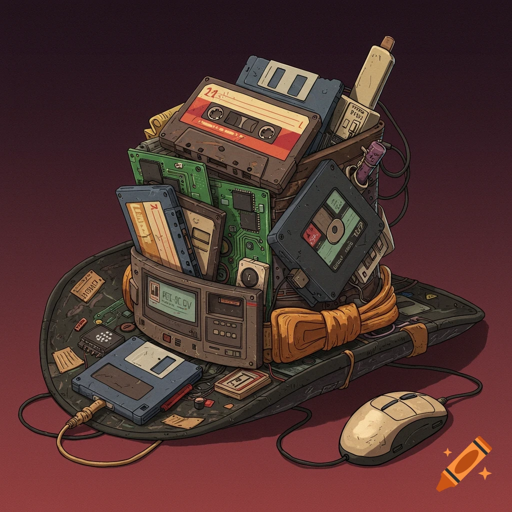 a hat made of vintage tech like cassette tapes, floppy disks, and circuit boards, with a computer mouse.