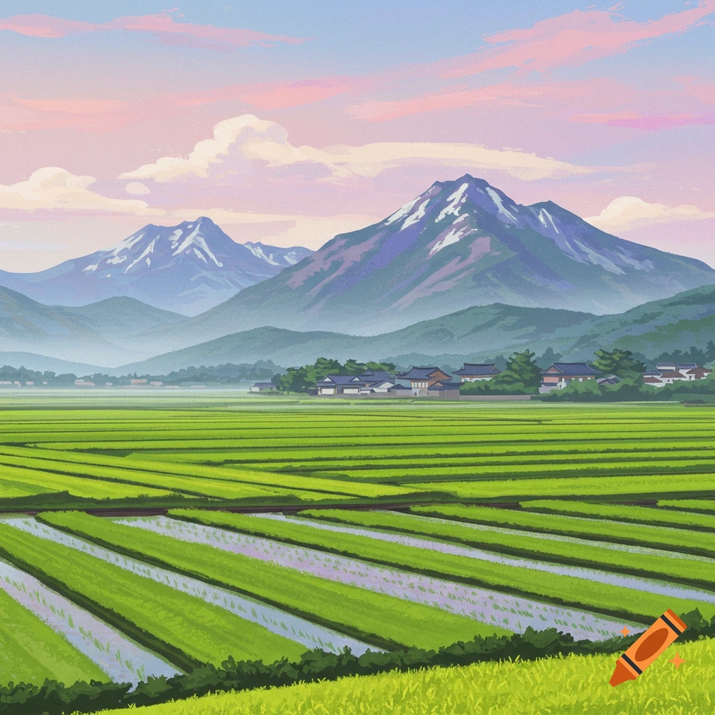 A lush landscape of green rice paddies with traditional houses nestled amongst them, all under a sky painted with hues of pink and blue, with mountains in the distance.