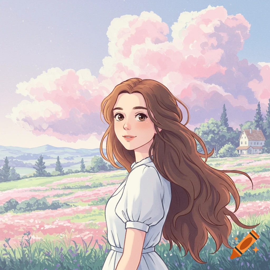 An anime illustration of a woman in a field with pink clouds and a house in the background.