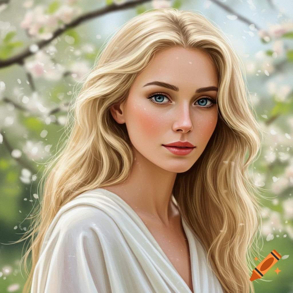 Portrait of a blonde woman in a white dress against a background of blossoming trees.