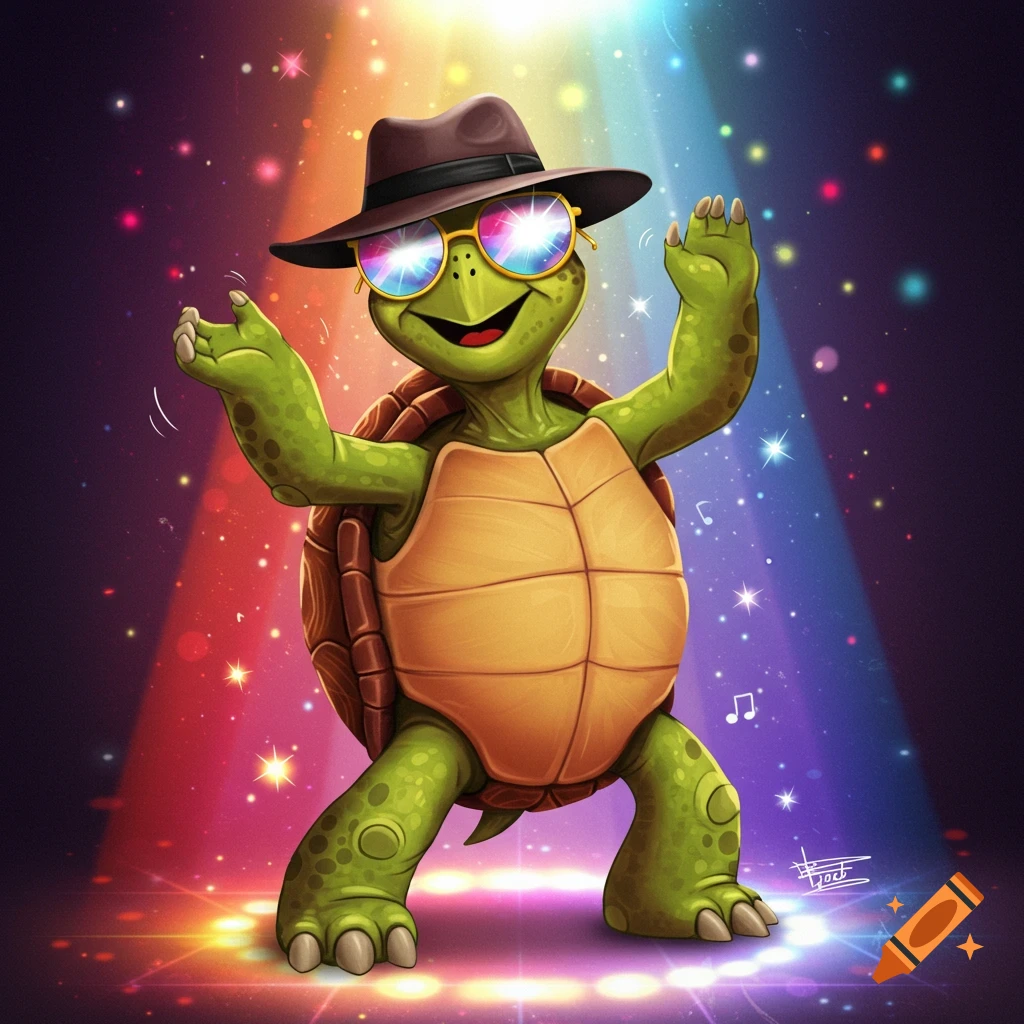 A cartoon turtle wearing a hat and sunglasses dances under colorful disco lights.