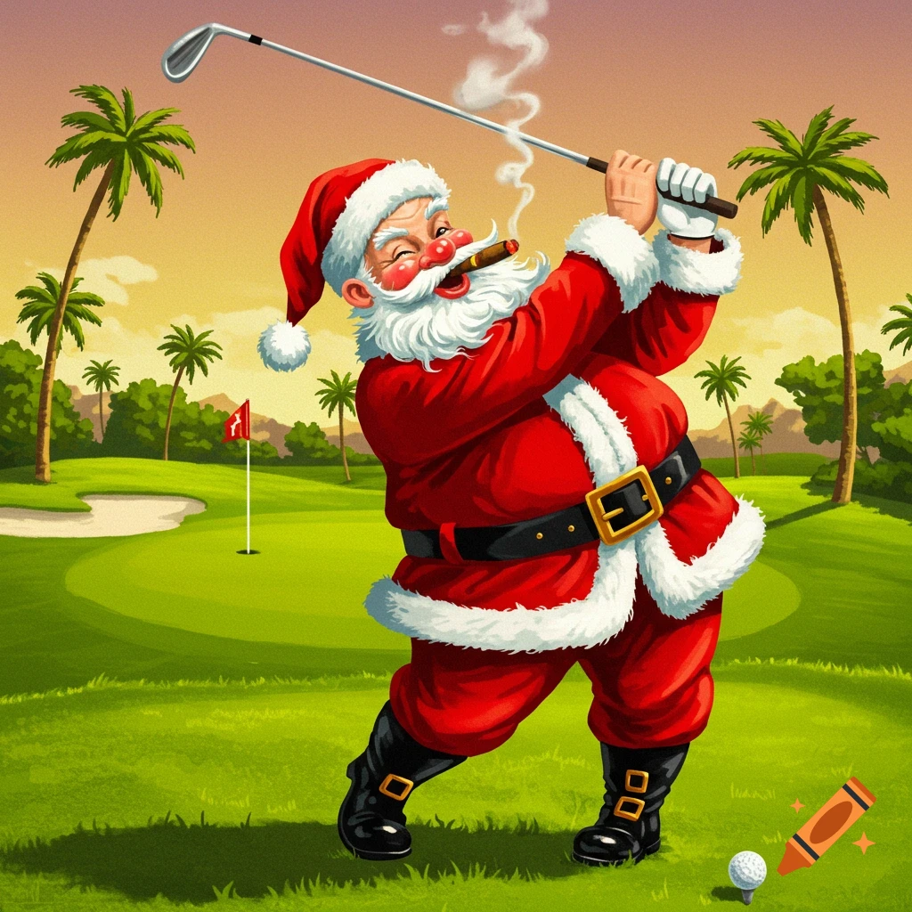 Santa Claus golfing and smoking a cigar on a tropical course.