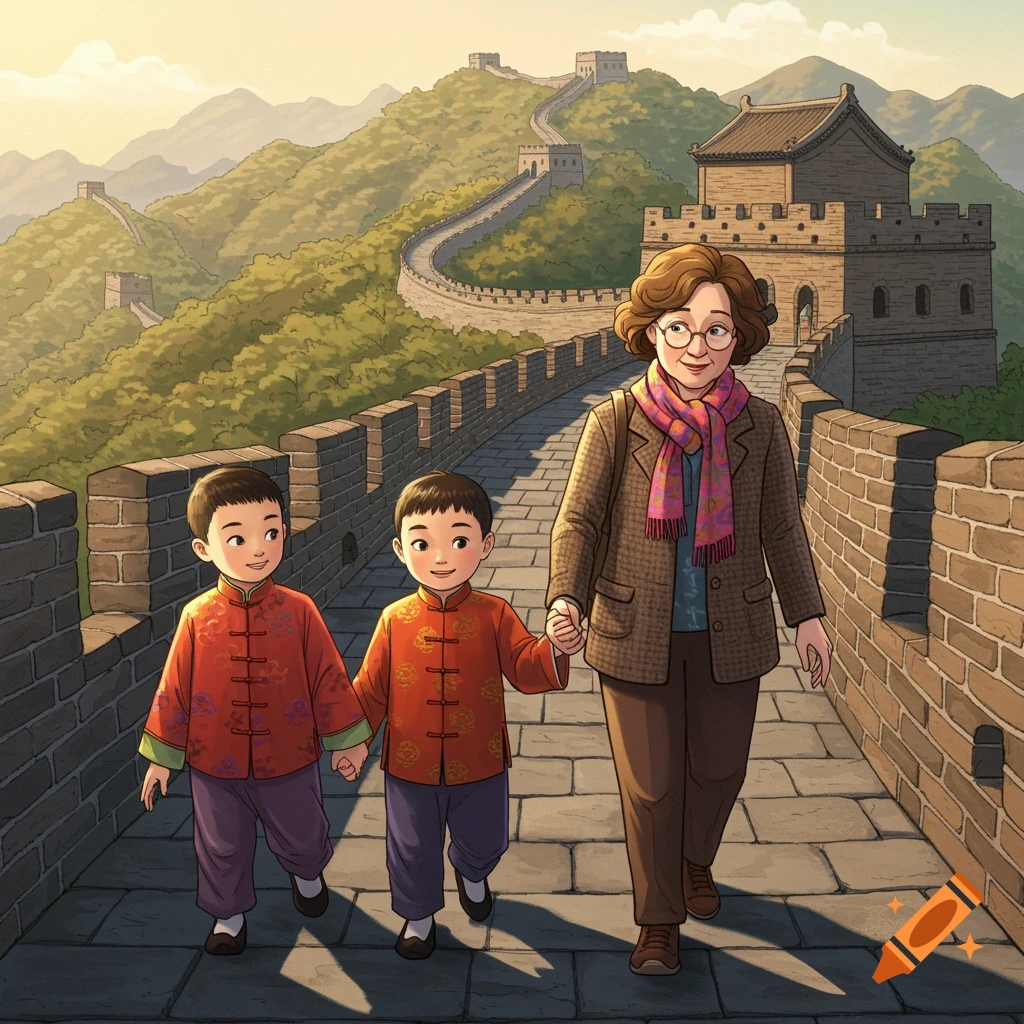 An older woman walks with two boys on the Great Wall of China in a storybook illustration.