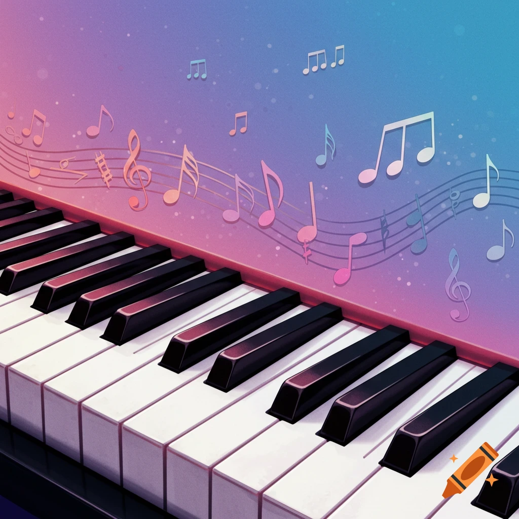 Image of piano keys with floating music notes