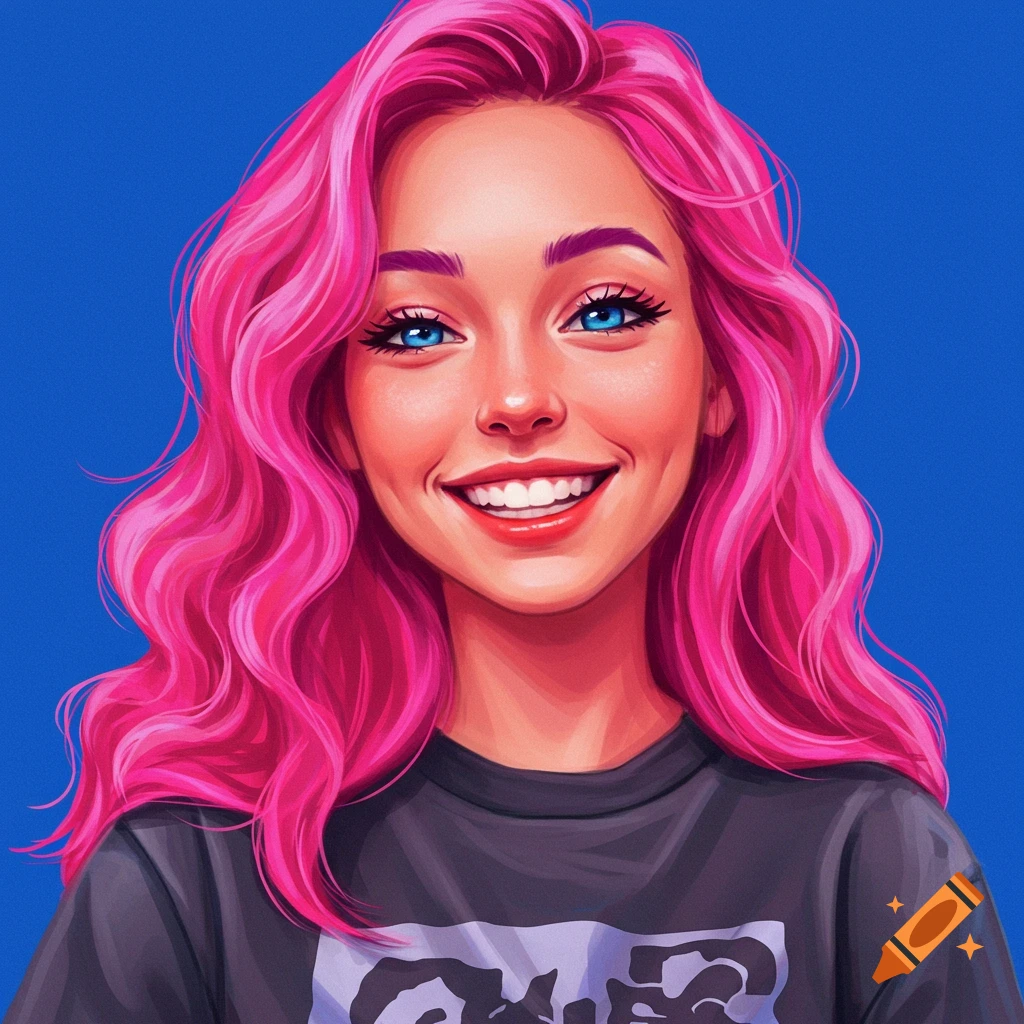 A young woman with pink hair is smiling
