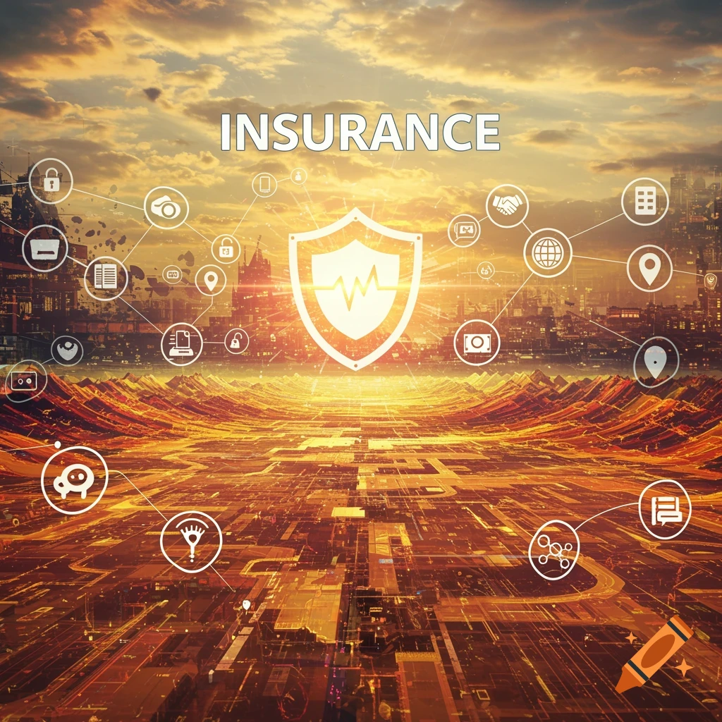 Image representing insurance with a glowing shield, interconnected icons, and text 'INSURANCE' over an abstract landscape and city skyline.