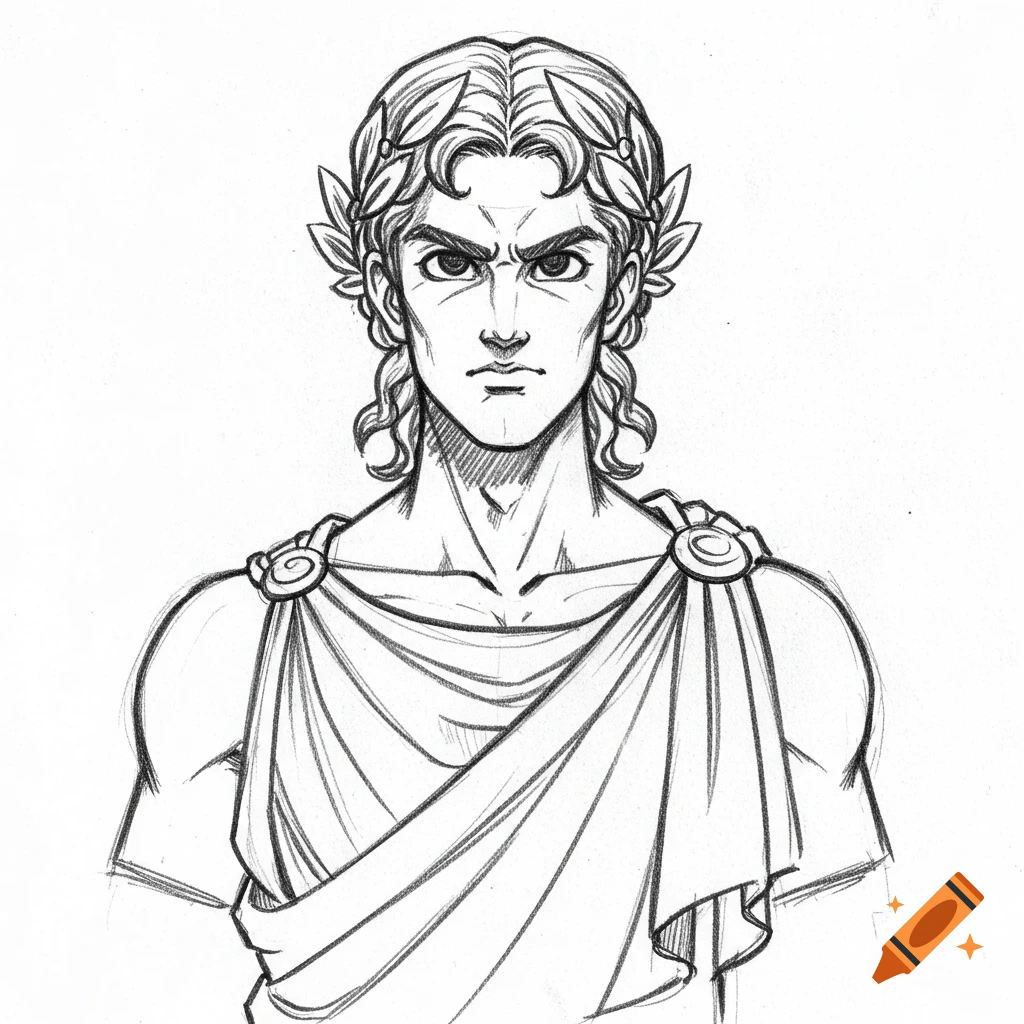 Pencil sketch of a man wearing a toga and laurel wreath