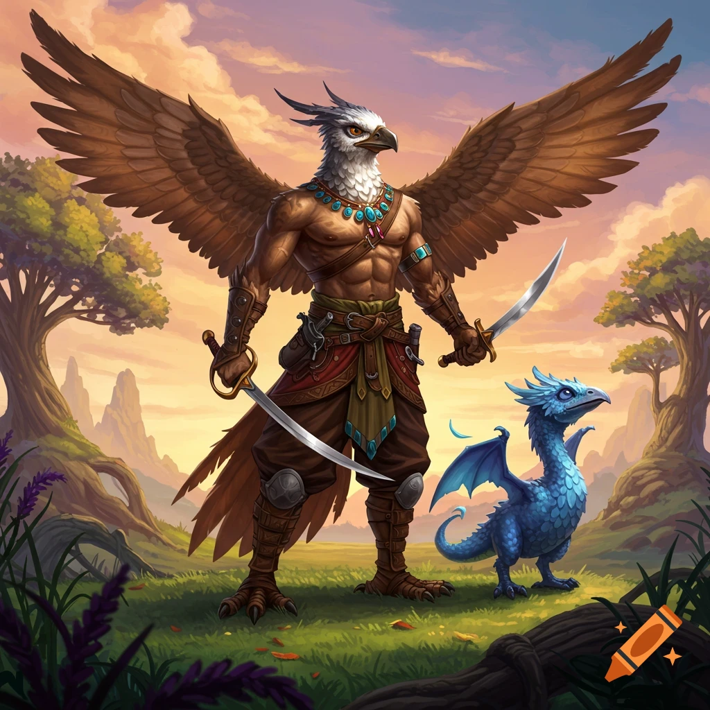 A bird-man warrior with swords stands next to a small blue dragon in a fantasy landscape.