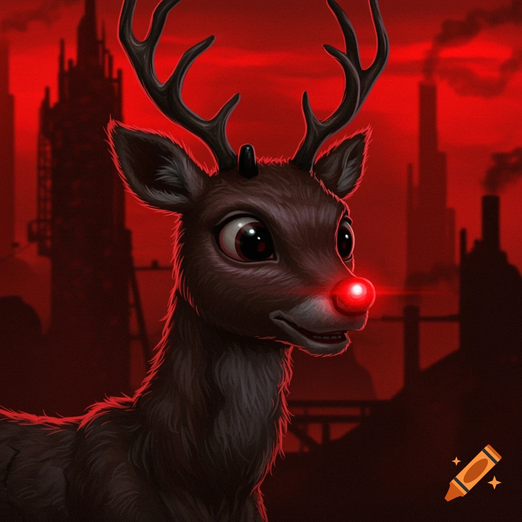 Rudolph the Red-Nosed Reindeer in dark urban fantasy style with a red nose against a red sky and industrial background.