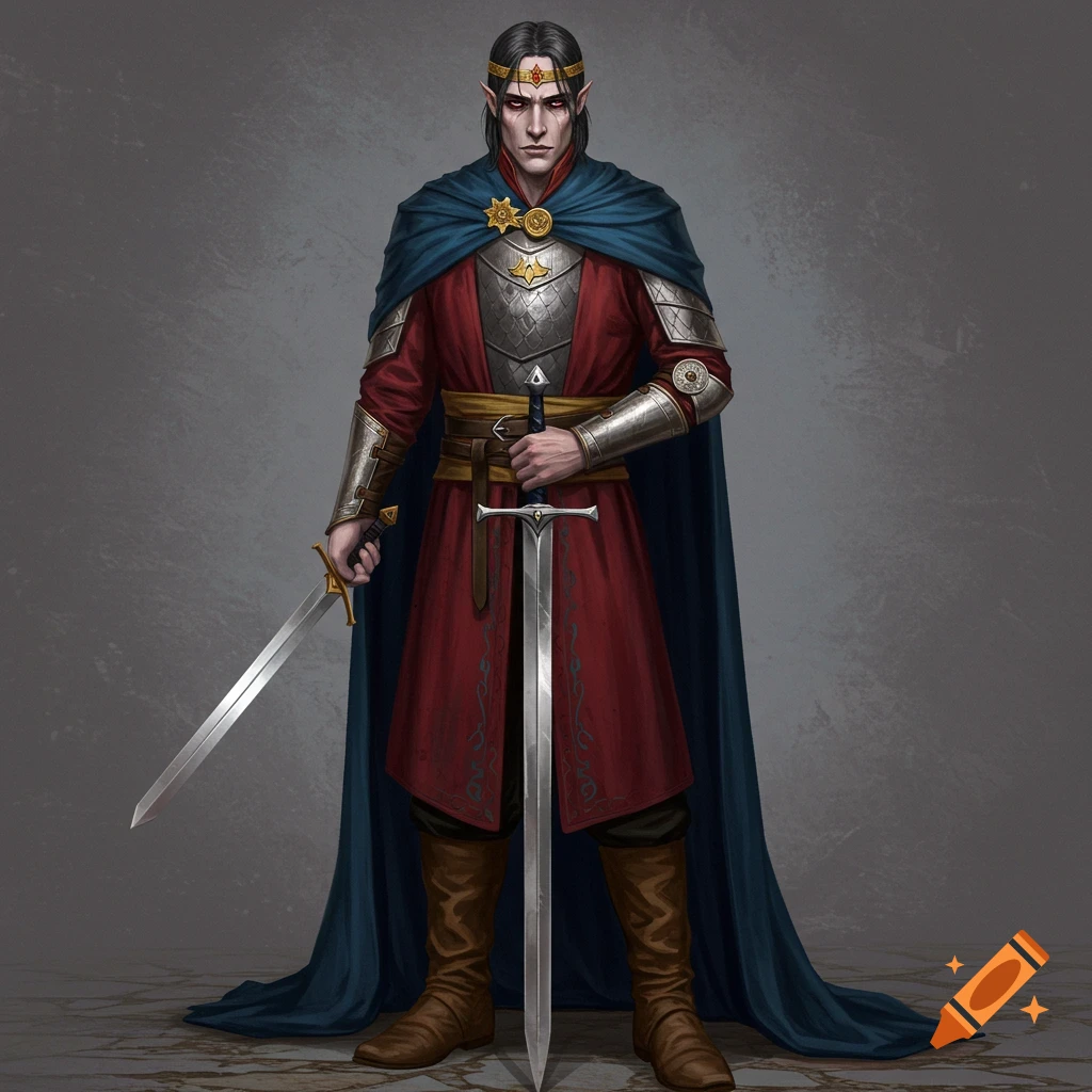 A dark-haired warrior in red and blue holds two swords.
