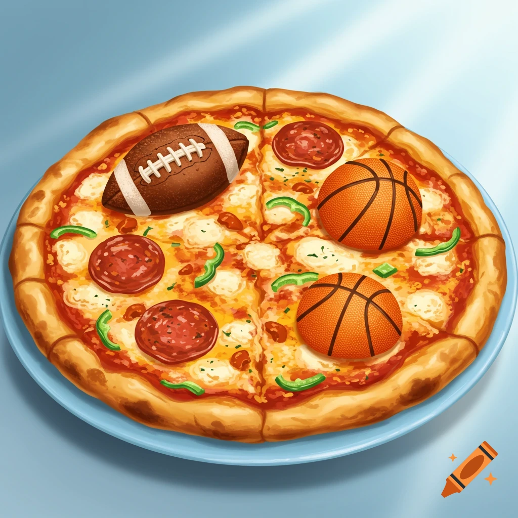 A pizza topped with pepperoni, green peppers, a football, and two basketballs.