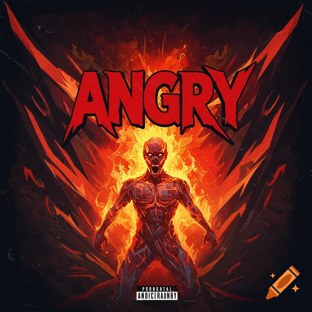 Cover art for a song titled ANGRY, featuring a fiery, demonic figure engulfed in flames.