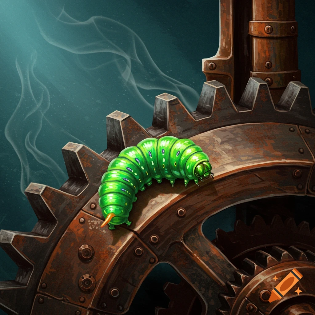 A bright green caterpillar crawls on a large rusty gear.