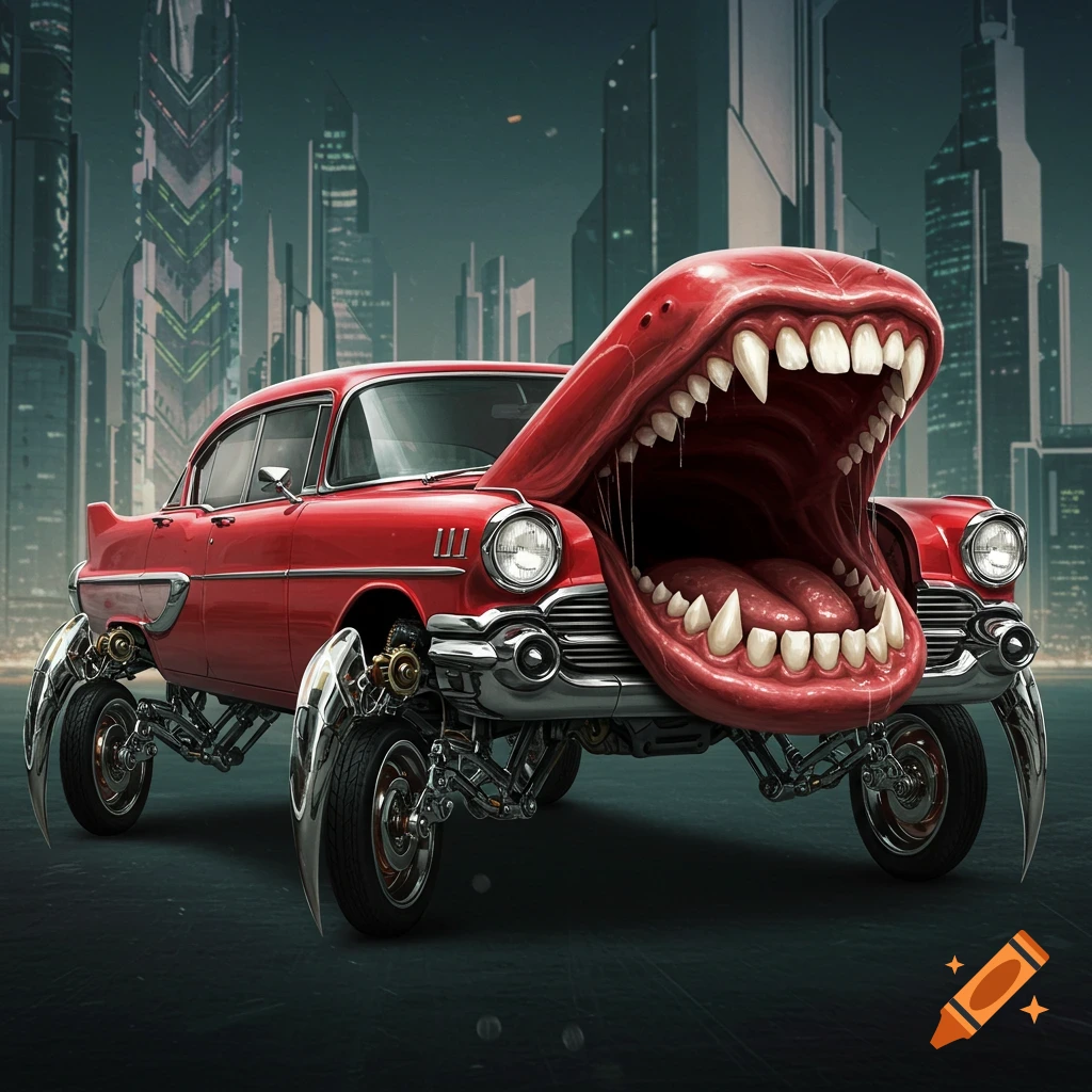 A red classic car with spider legs and a monstrous mouth with teeth instead of a hood, in front of a futuristic city.