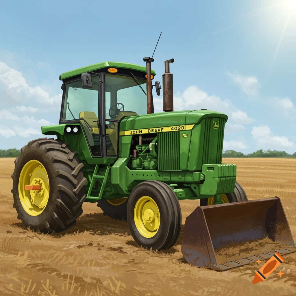 A green John Deere 4020 tractor with a front loader bucket sits in a sunny field.