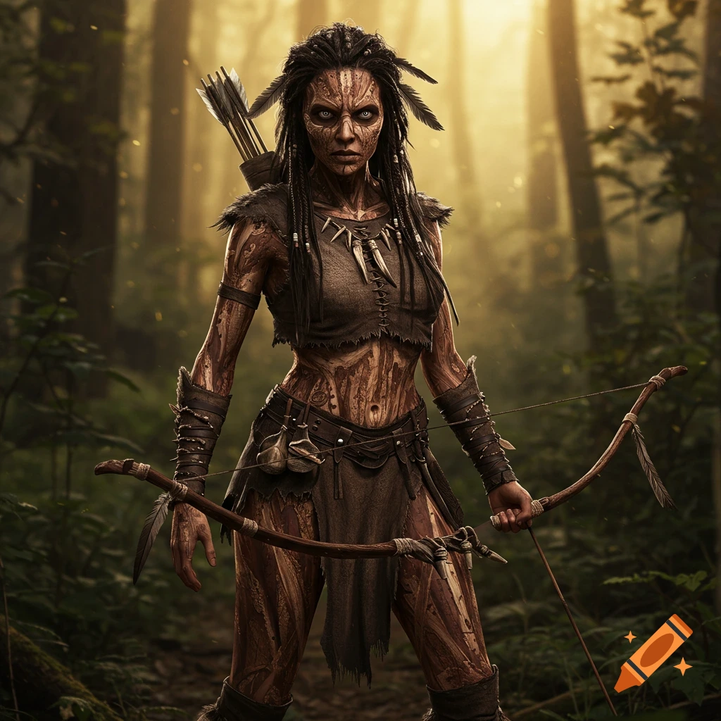 Tribal huntress with face paint stands in a sunlit forest, holding a bow.