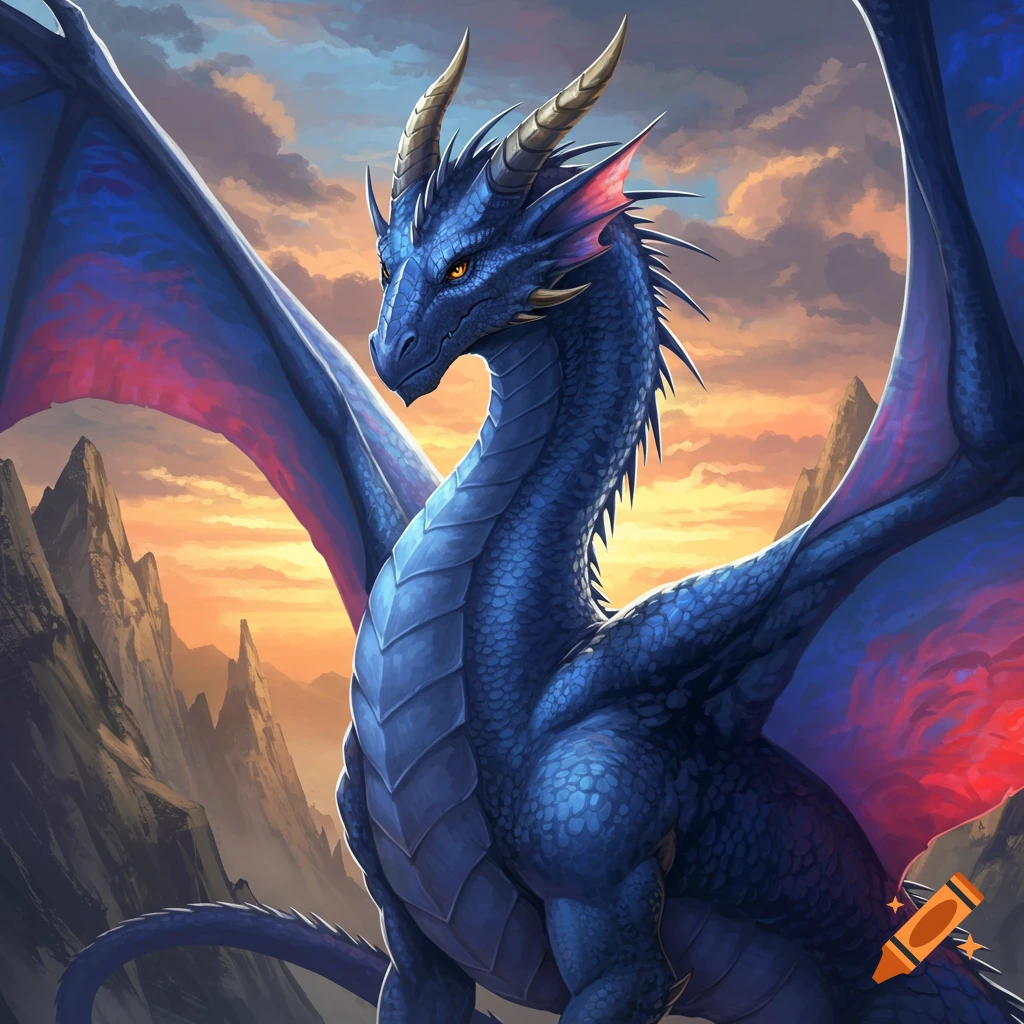 A blue dragon with gold horns standing in mountains at sunset.